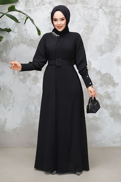 Neva Style فستان حجاب أسود مع حزام بإبزيم 65879S