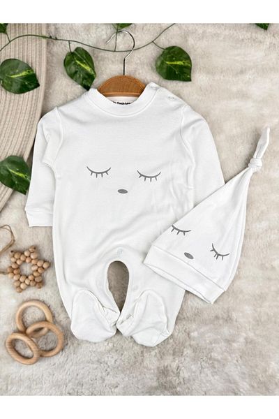 Minizade Sleeveless Cute Eyelash Embroidered Footed Cap 100% Cotton Unisex Jumpsuit
