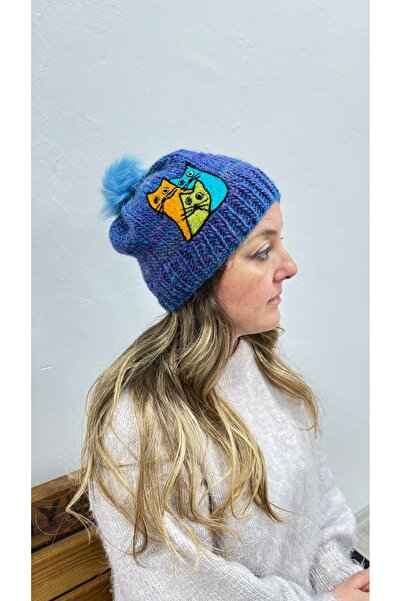 Toka Perisi Beretă cu pompon brodat cu pisică cu tatuaj din pâslă de lână tri...