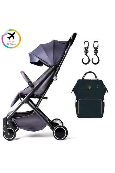 TEKNUM Teknum Grey Travel Lite Stroller + Sunveno Diaper Bag Black with Hooks