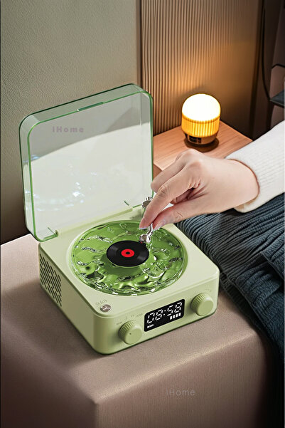 iHome Yeşil Renk Saat Göstergeli Nostaljik Bluetooth Müzik Plak Çalar Ve Oda Dekor Aydınlatma Cihazı