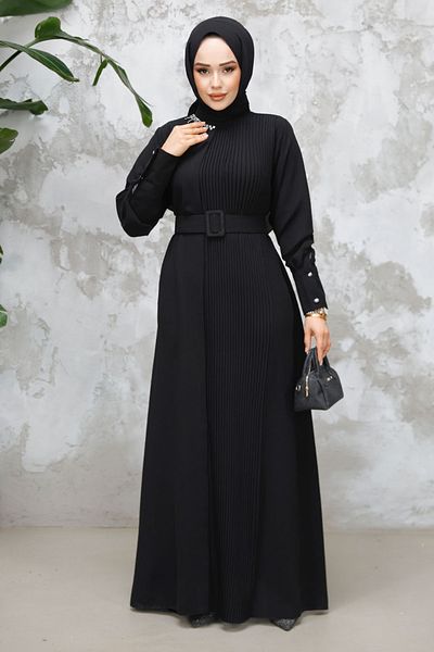 Neva Style فستان حجاب أسود مع حزام بإبزيم 65879S