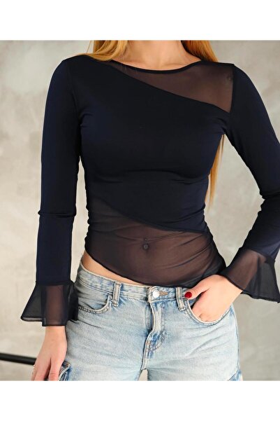 ALLEYTA Жіноча асиметрична блуза з іспанськими рукавами та тюлевою оборкою