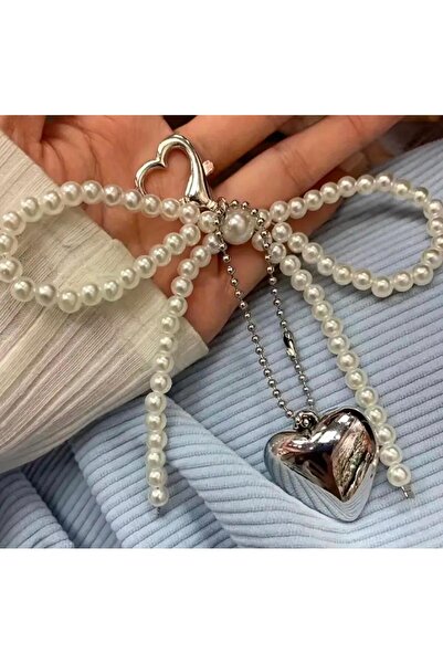 TOPLINE White Pearl Ribbon Silver Detailed Bag Charm