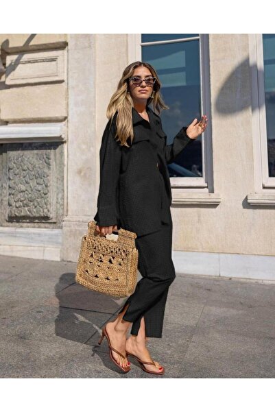 onlyvouge Paçaları Yırtmaçlı Dokuma Yüksek Bel Gömlek Pantolon Takım