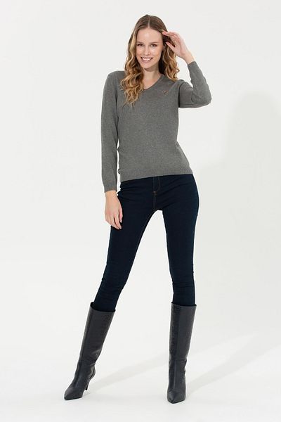 U.S. Polo Assn. Women's Gray Melange Basic V-Neck Sweater