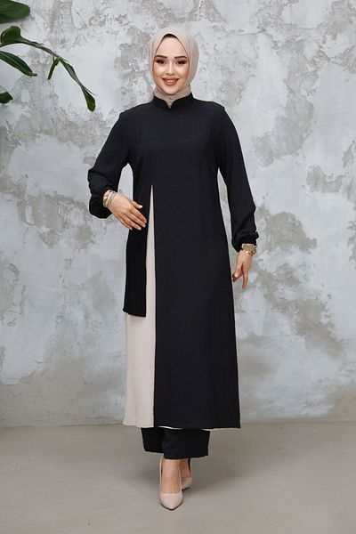 Neva Style Set dublu hijab negru cu detaliu de culoare bloc 65881S