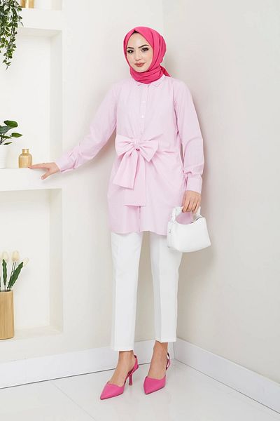 Nevayla Moda Πουκάμισο με ρίγες Poplin Tie - Πούδρα / Ü103