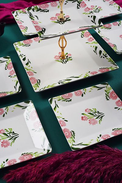 Piatti Naturali Catering Set Spring Ceramic Double Layer Presentation Plate & 6-Piece Dessert Pastry Plate Cookie Tray Catering