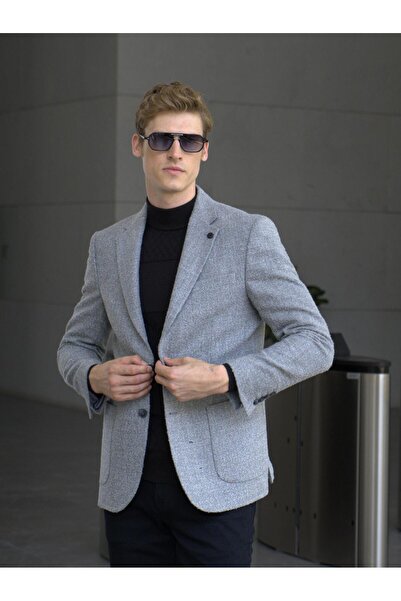 Genel Markalar Gri Erkek Yün Ceket Kırçıllı Slim Fit Mono Yaka Torba Cepli Çi...