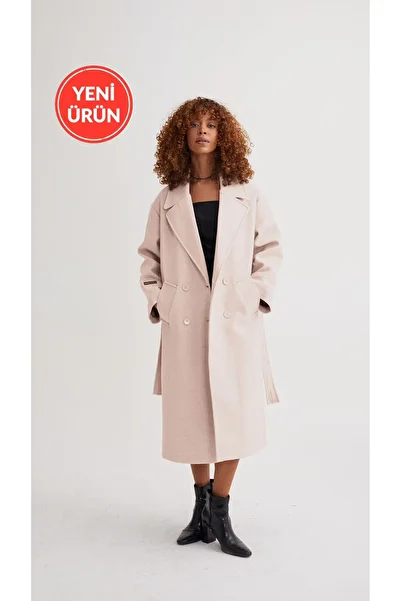 Perryes Pink Oversize Long Coat - Layered Neckline, Button and Fold Sleeve Detail
