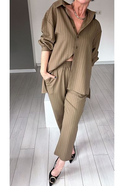 ABBRA Women's 100% Cotton Elastic Waist Striped Shirt Pants Set