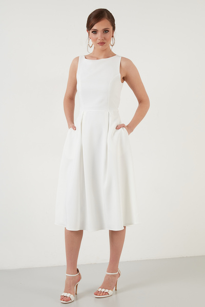 Lela Bisiklet Yaka Regular Fit Cepli Pileli Midi Elbise Elbise 6051963