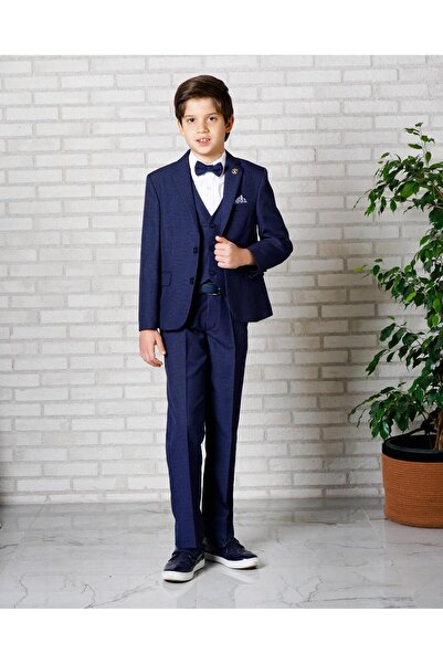 BUTİKHAPPYKİDS Boy's Suit Navy Blue Jacket-Vest-Shirt-Pants-Bow Tie 3-14 Years