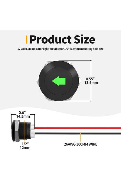 Choice مؤشر LED أحادي السهم DaierTek 12 مم مصباح لوحة القيادة برموز سهم واحد 12 فولت LED أخضر معدني T