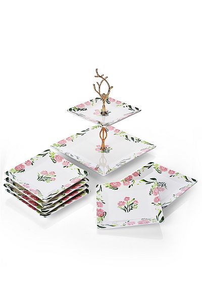 Piatti Naturali Catering Set Spring Ceramic Double Layer Presentation Plate & 6-Piece Dessert Pastry Plate Cookie Tray Catering