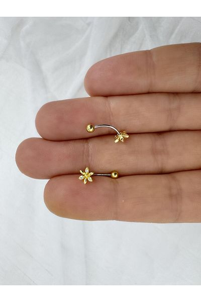 Arescollection Steel Barled Zircon Stone Flower Rook Piercing (1 Piece)