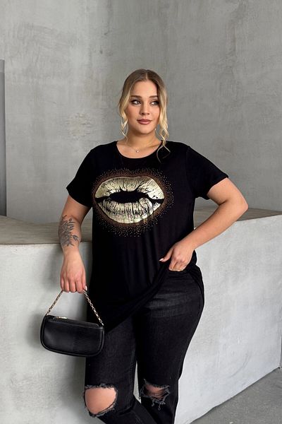 Stil Diva Plus Size Short Sleeve Crew Neck Stone Embroidered T-Shirt 302264