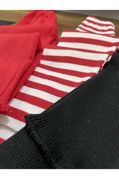 Berat moda Flexible Ribbed Striped - Red - Black 3-Piece Girls' Winter Children's Tights