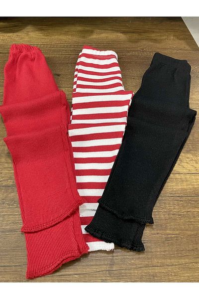 Berat moda Flexible Ribbed Striped - Red - Black 3-Piece Girls' Winter Children's Tights