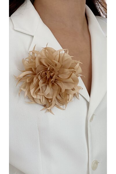 Âlâ Atelier Saçaklı kumaş vizon çiçek broş, kumaş gül broş yaka iğnesi