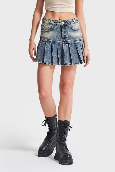 its basic Fusta mini din denim pentru femei T.Kot Color 45S-75 plisată 100% bumbac
