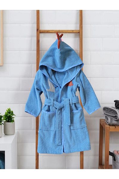 Alpar Tekstil Unisex Girl-Boy Bathrobe - Hooded, Cotton Soft, Blue/Dinosaur