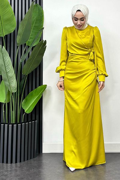 Tesettür Diyarı Satin Hijab Evening Dress with Tie Waist Detail