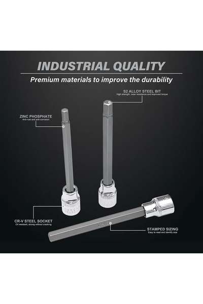 Choice Extra Long Hex Bit Socket Set 7 Piece H3-H10 CR-V and S2 Material 3/8" Drive 110mm Length with