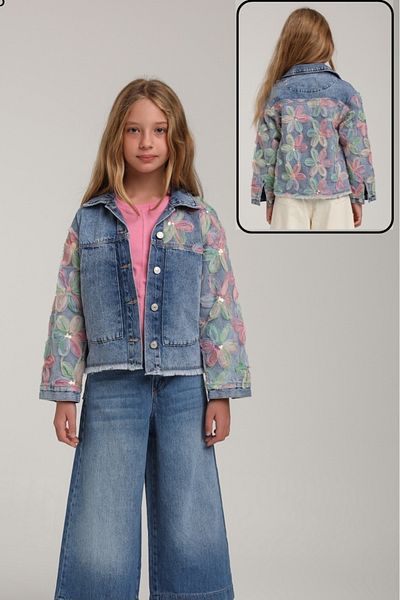 Escabel Colorful Floral Decorated Jeans Jacket with Sleeves and Back