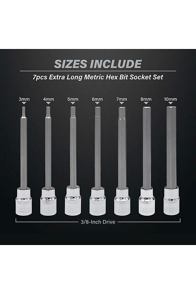 Choice Extra Long Hex Bit Socket Set 7 Piece H3-H10 CR-V and S2 Material 3/8" Drive 110mm Length with