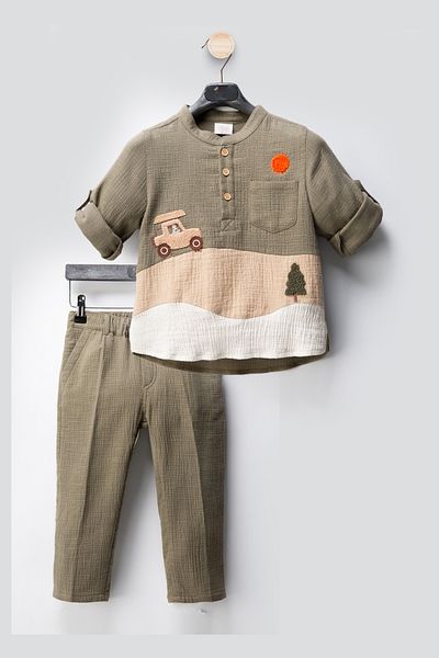 Ofislot Patterned Linen Baby Boy's Suit Double Boy's Suit Baby Boy's Clothing Baby Boy's Sub-Master Suit