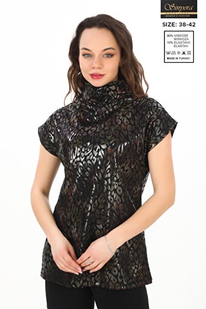 SINYORA Amerikan yaka leopar desenli bluz