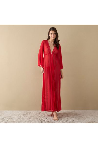 FAV Textured Night Dress with V-neck and Long Sleeves