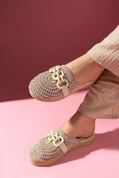 FUGA MODA Rosetta Beige Color Buckle Circular Straw Embroidered Closed Front Slippers