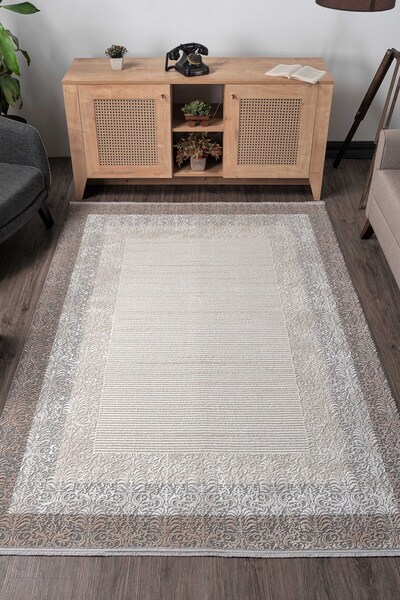 KREASYON HALI Vavien 1435 Bej Yumuşak Dokulu Salon Mutfak Koridor Oturma Odası Yolluk Halı Makine Halısı