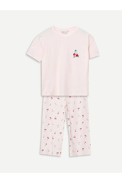 LC Waikiki Lcw Young Pink Crew Neck Printed Women's Capri Pajamas Set