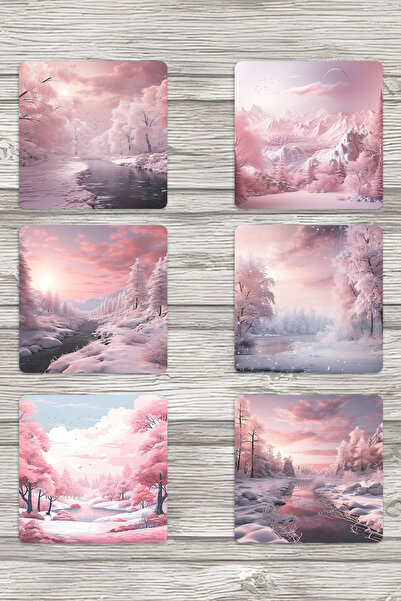 qoeuyl boutique مجموعة أشجار الشتاء الوردية رقم: 2 مطبوعة مكونة من 6 كوستر خش...