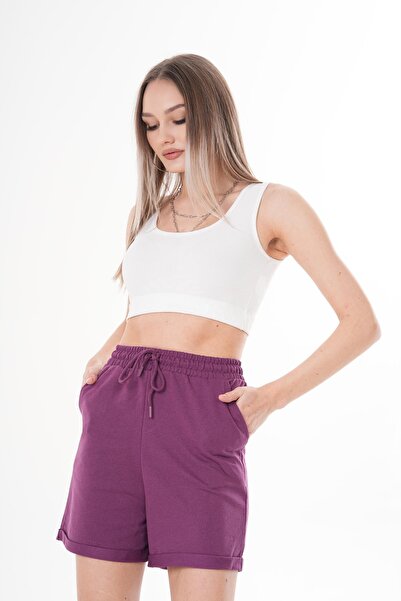 ŞİMAL Women's Rope Detailed Double Leg Combed Cotton Shorts 250059   -