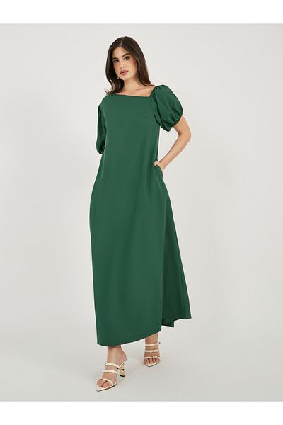 Styli Asymmetric Neck Puff Sleeve Shift Maxi Dress