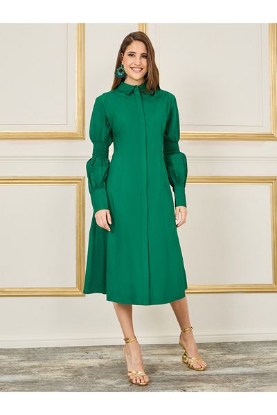 Styli Smocked Detail Sleeves A-Line Midi Shirt Dress
