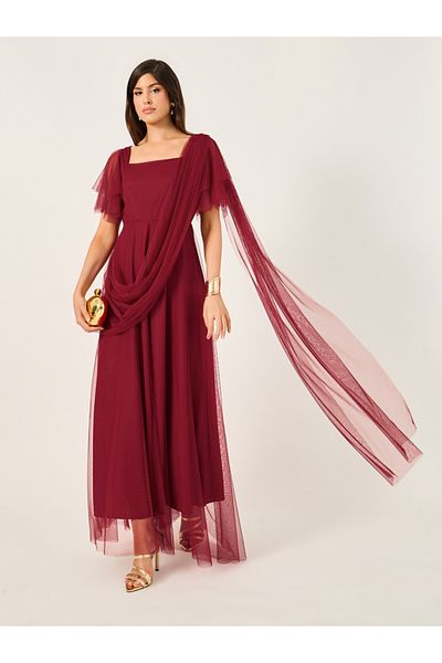 Styli Mesh Insert Square Neck Maxi Dress with Draped Detail