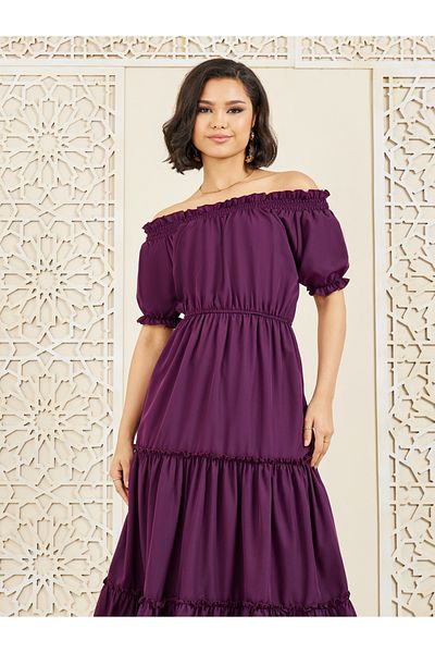 Styli Off Shoulder Ruffle Detail Tiered Maxi Dress