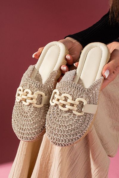 FUGA MODA Rosetta Beige Color Buckle Circular Straw Embroidered Closed Front Slippers