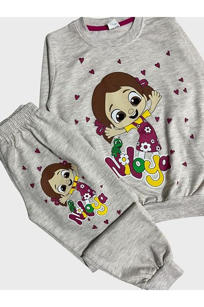 ALİŞ KİDS Girls' Cotton Stone Color Heart Flower Girl Print Long Sleeve Seasonal Pajamas Set