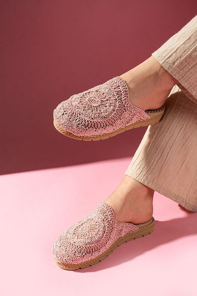 FUGA MODA Παντόφλες Eloria Powder Oval Straw Κεντημένες Κλειστές Μπροστά