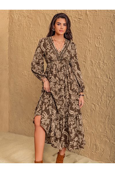 Russty Dustty By Styli Floral Print V Neck A-Line Midi Dress