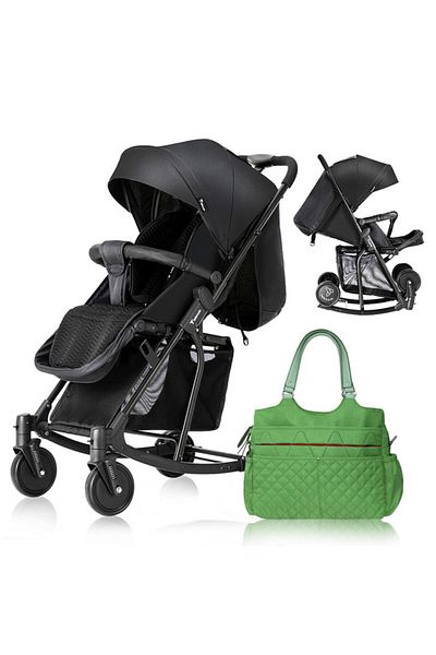 TEKNUM Stroller with Rocker w/ Green Diaper tote Bag- Black