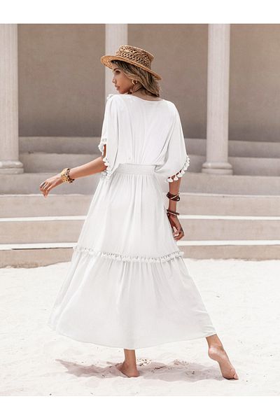 Russty Dustty By Styli Tassel Detail V Neck A-Line Midi Dress