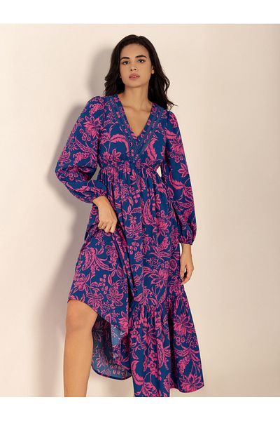 Russty Dustty By Styli Floral Print V Neck A-Line Midi Dress